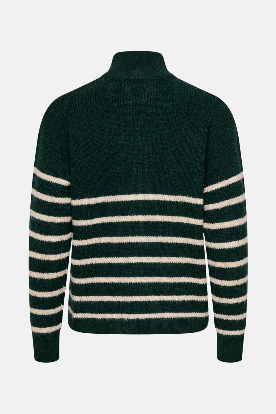 Groene coltrui van ONLY, met crèmekleurige horizontale strepen, van achteren gezien.