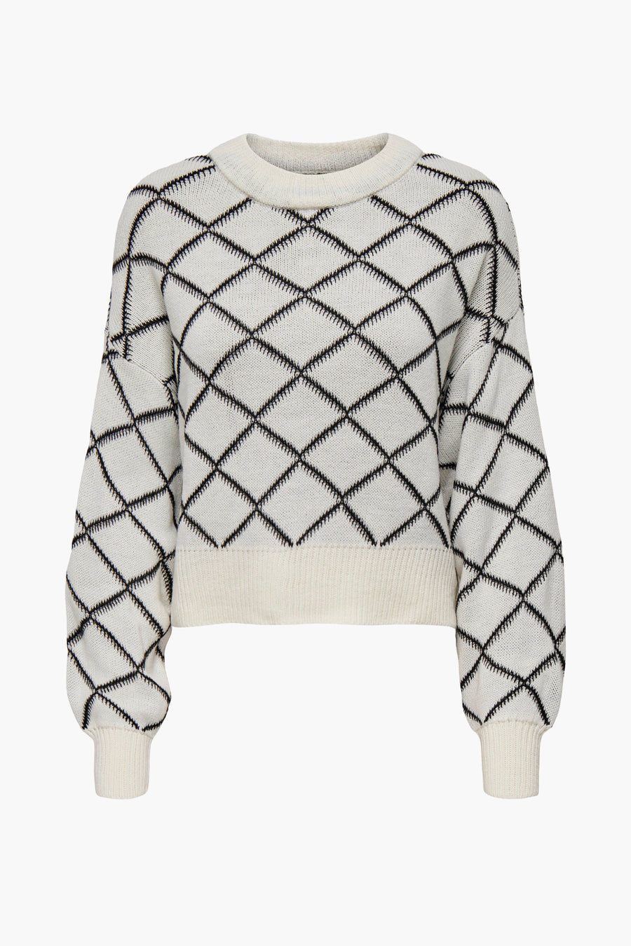 Pull à col rond écru de JDY, à motif losanges noirs sur toute la surface.