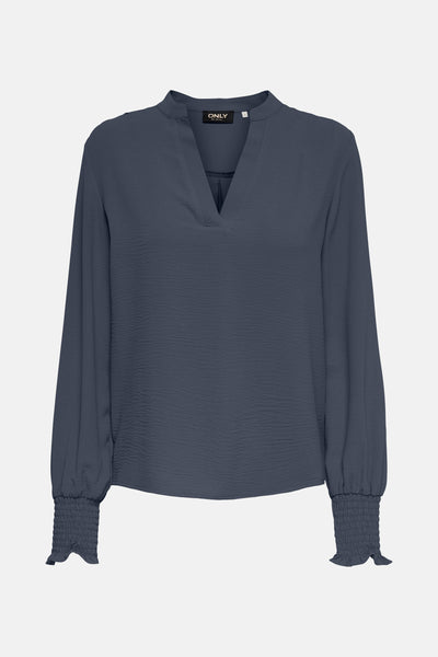 Donkerblauwe blouse met lange mouwen van ONLY, met gerimpelde manchetten en een V-hals.