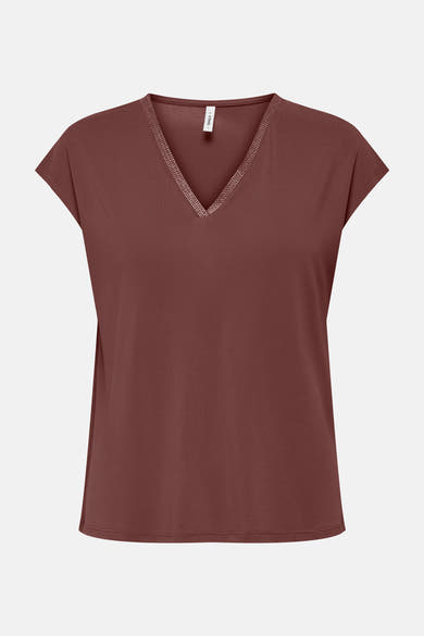 Bruin T-shirt met korte mouwen van ONLY, met V-hals versierd met een decoratieve bies.