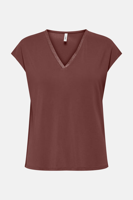 Bruin T-shirt met korte mouwen van ONLY, met V-hals versierd met een decoratieve bies.