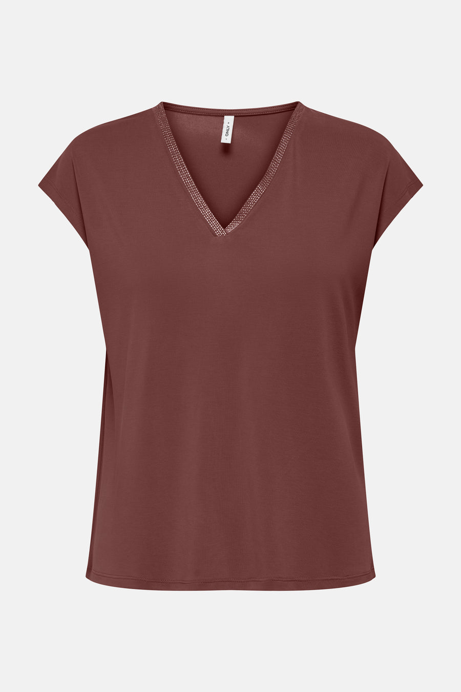 Bruin T-shirt met korte mouwen van ONLY, met V-hals versierd met een decoratieve bies.