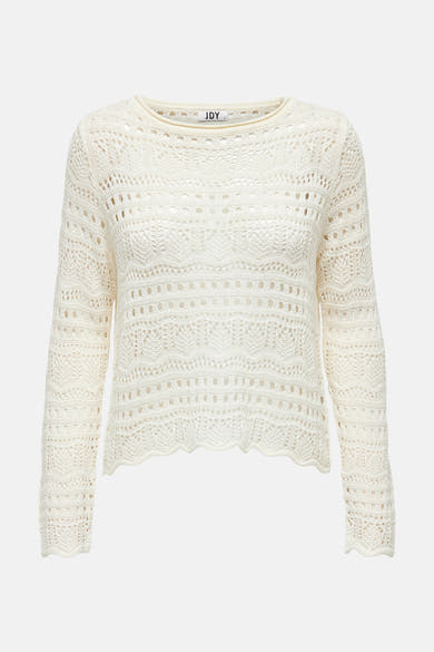 Pull à col rond blanc de JDY, en maille ajourée fantaisie avec des motifs crochetés.
