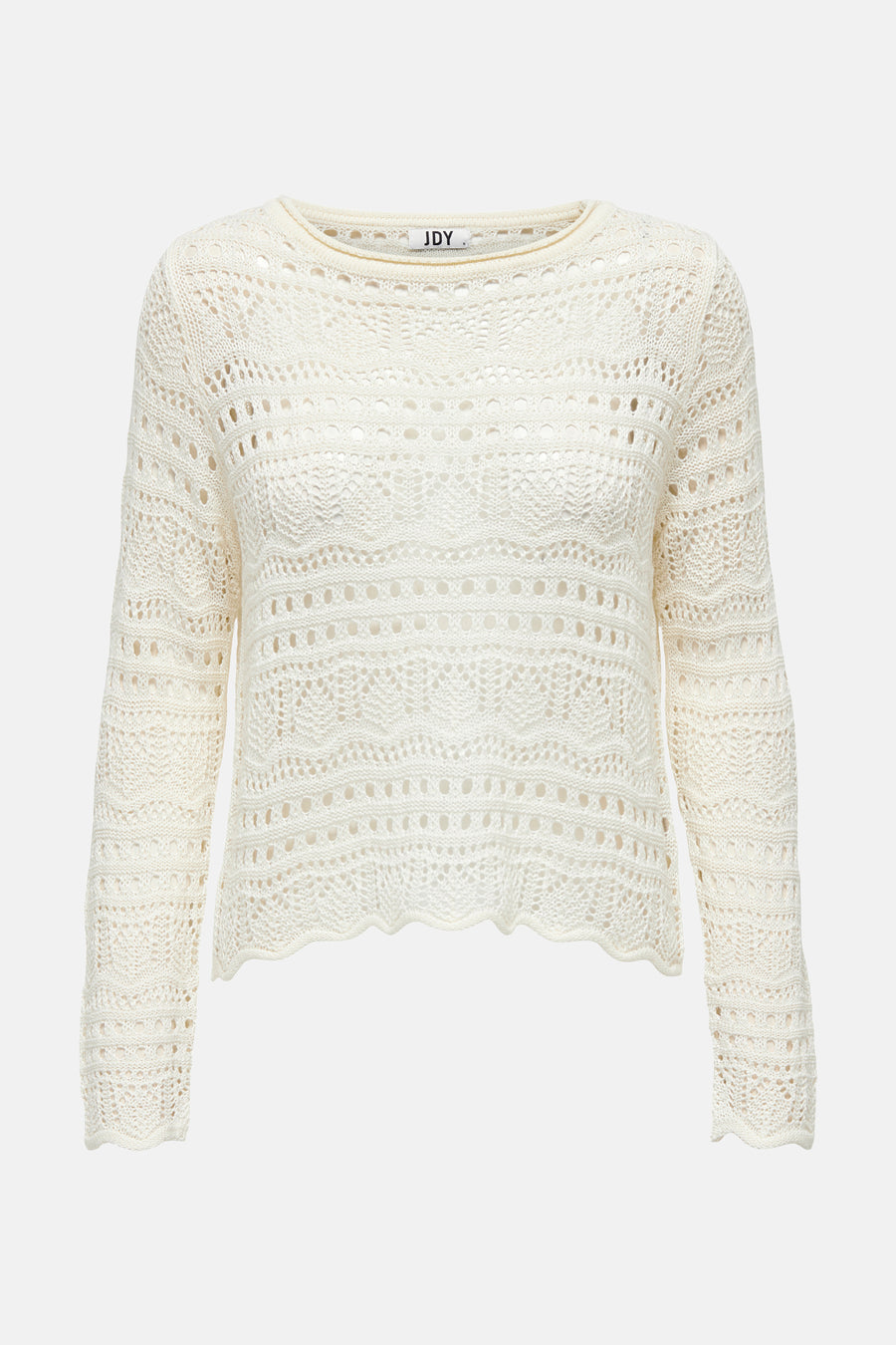 Pull à col rond blanc de JDY, en maille ajourée fantaisie avec des motifs crochetés.
