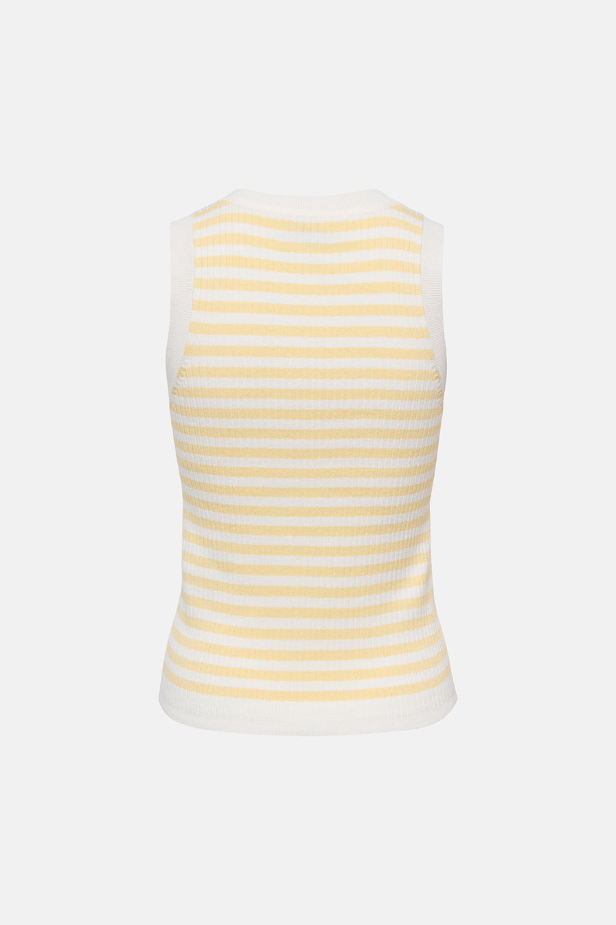 Top sans manches rayé blanc et jaune de JDY, en tricot côtelé, vue de dos.
