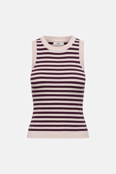 Beige en bordeaux gestreept mouwloos geribd topje van JDY, met horizontale strepen.