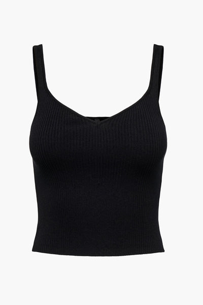 Black ribbed sleeveless top with V-neck and thin straps, front view