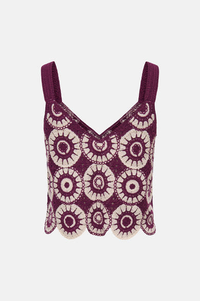 Top sans manches multicolore de ONLY® en crochet à motifs circulaires, col en V et ourlet festonné.