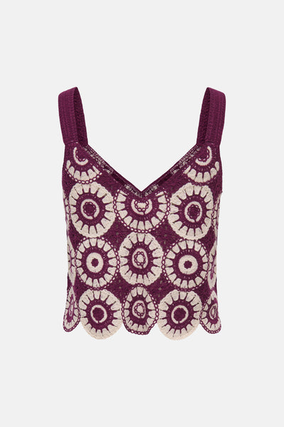 Top sans manches multicolore de ONLY® en crochet à motifs circulaires, col en V et ourlet festonné.
