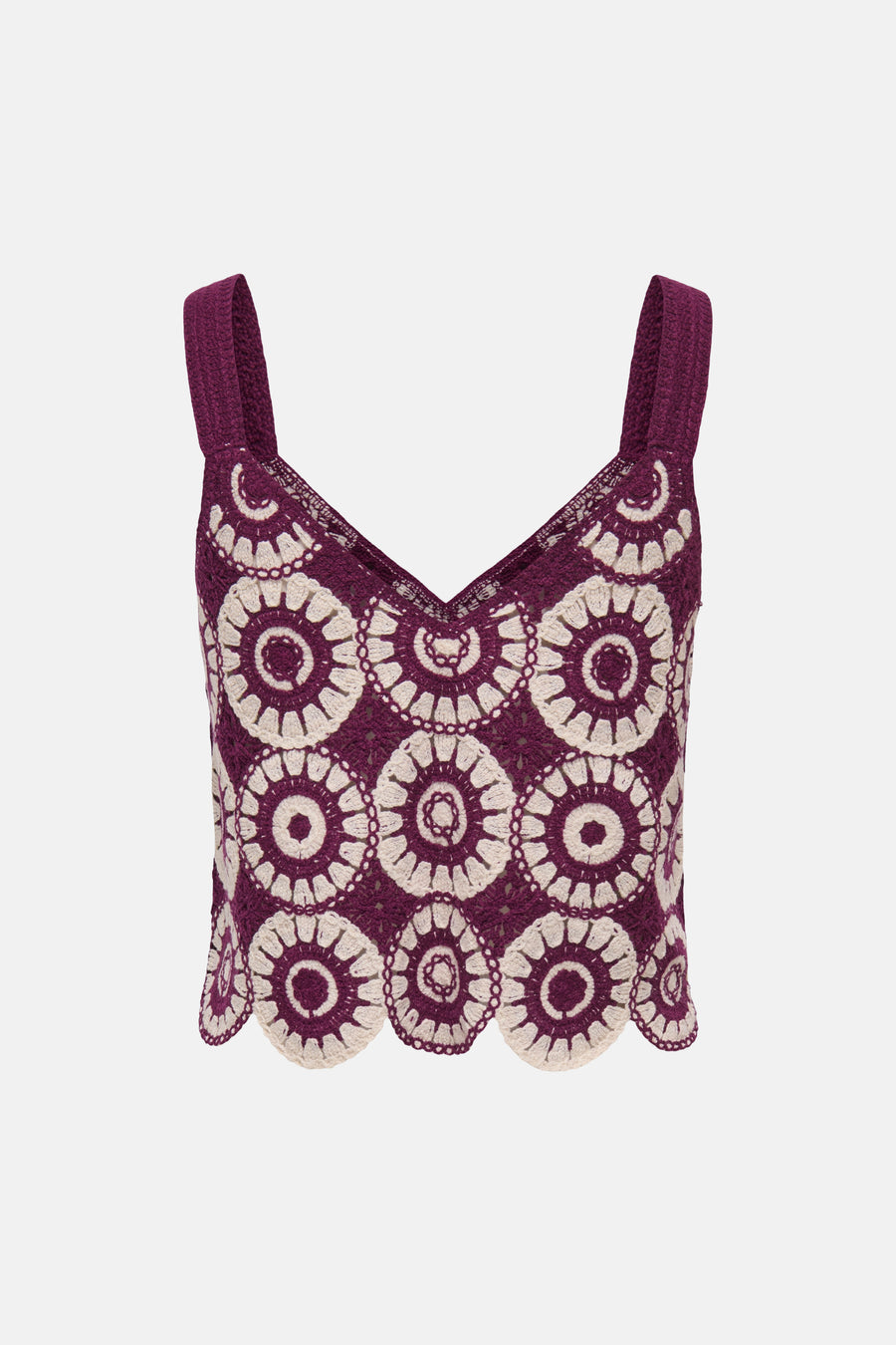 Top sans manches multicolore de ONLY® en crochet à motifs circulaires, col en V et ourlet festonné.