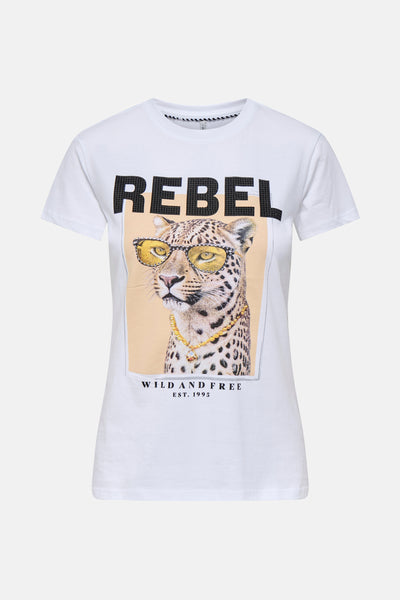 Wit T-shirt met korte mouwen van ONLY, met een luipaardprint met een bril en een ketting.
