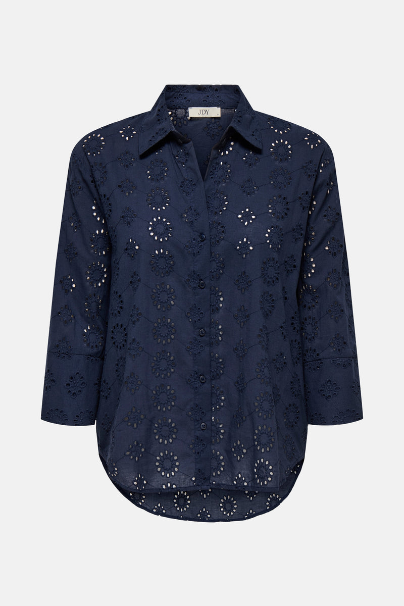 Blauwe blouse met lange mouwen van JDY, versierd met all-over bloemenpatronen met uitsparingen.