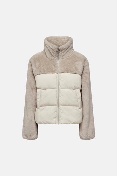 Beige and cream two-tone women's puffer jacket with faux fur collar and sleeves, front zip closure, quilted body, and soft textured finish.