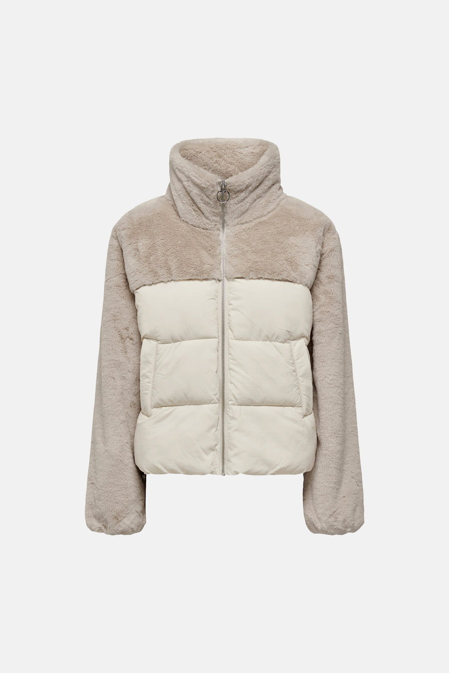 Beige and cream two-tone women's puffer jacket with faux fur collar and sleeves, front zip closure, quilted body, and soft textured finish.
