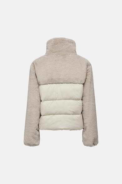 Beige fuzzy and cream quilted women's puffer jacket back view, Moonbeam style with high collar and textured sleeves