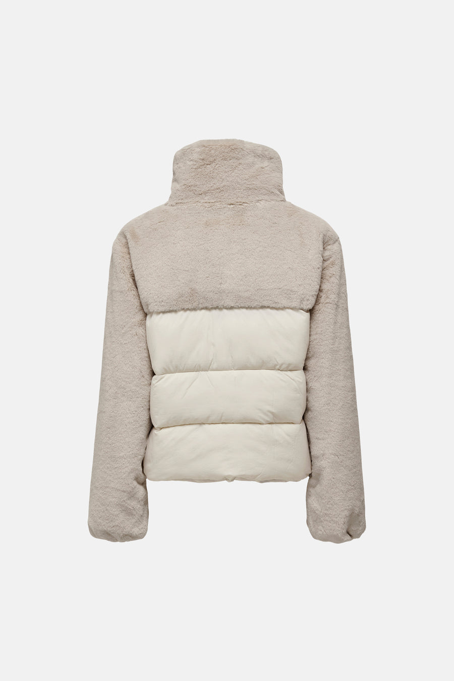 Beige fuzzy and cream quilted women's puffer jacket back view, Moonbeam style with high collar and textured sleeves