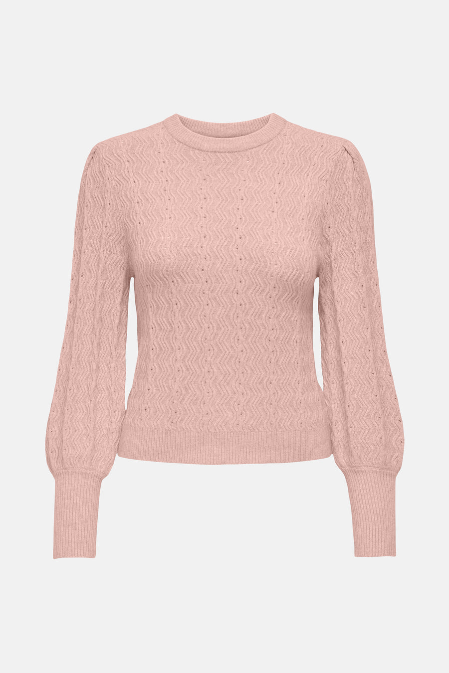 Pull rose à col rond de ONLY®, avec motif ajouré et manches bouffantes.
