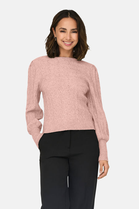 Roze trui met ronde hals van ONLY®, met een ajourpatroon en licht gepofte mouwen.
