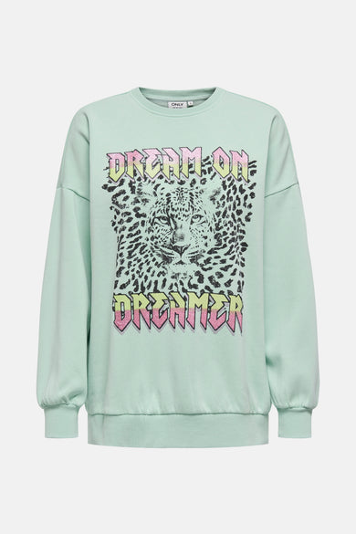 Sweat vert de ONLY, avec un motif léopard et les mots « Dream On Dreamer ».
