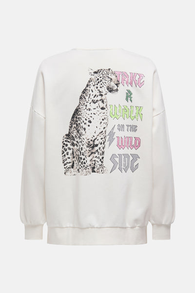 Sweat-shirt blanc by ONLY orné d'un imprimé léopard et lettrage 'Take a walk on the wild side'.
