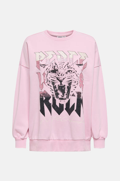 Sweat rose encolure ronde de ONLY, imprimé léopard avec lettrage "Peace Rock" sur le devant.