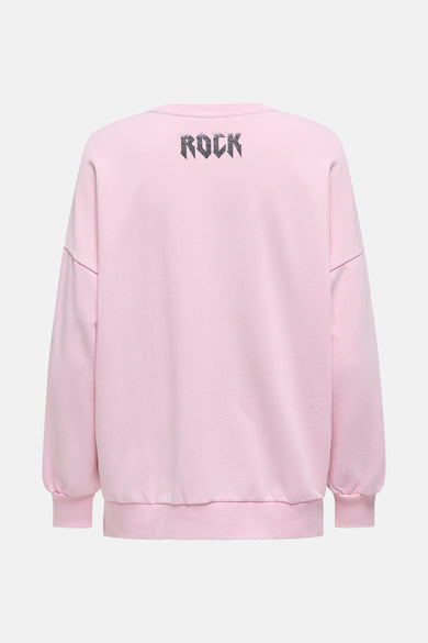 Sweat rose col rond de ONLY, avec un imprimé "ROCK" scintillant dans le dos.