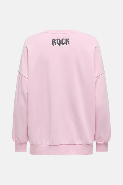 Sweat rose col rond de ONLY, avec un imprimé "ROCK" scintillant dans le dos.