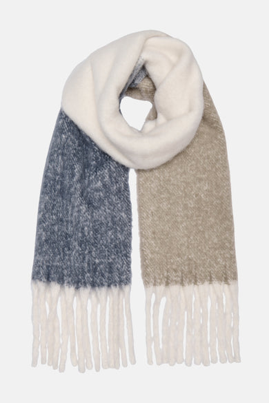 Écharpe multicolore de ONLY, avec franges et un bloc de couleurs en blanc, gris et beige.
