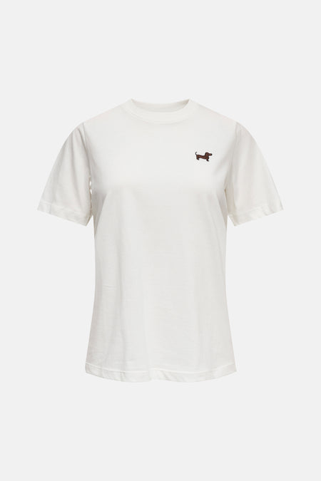T-shirt blanc à manches courtes de JDY, orné d'un motif brodé de teckel sur la poitrine.