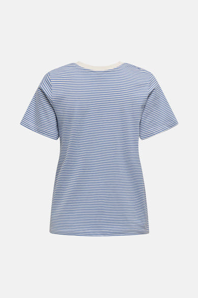 T-shirt à manches courtes bleu par JDY, à rayures horizontales blanches et bleues, avec col rond écru.