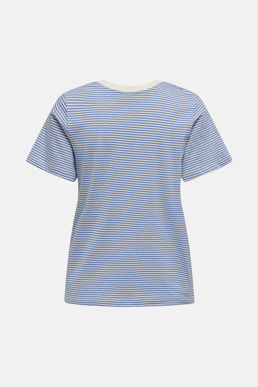 T-shirt à manches courtes bleu par JDY, à rayures horizontales blanches et bleues, avec col rond écru.