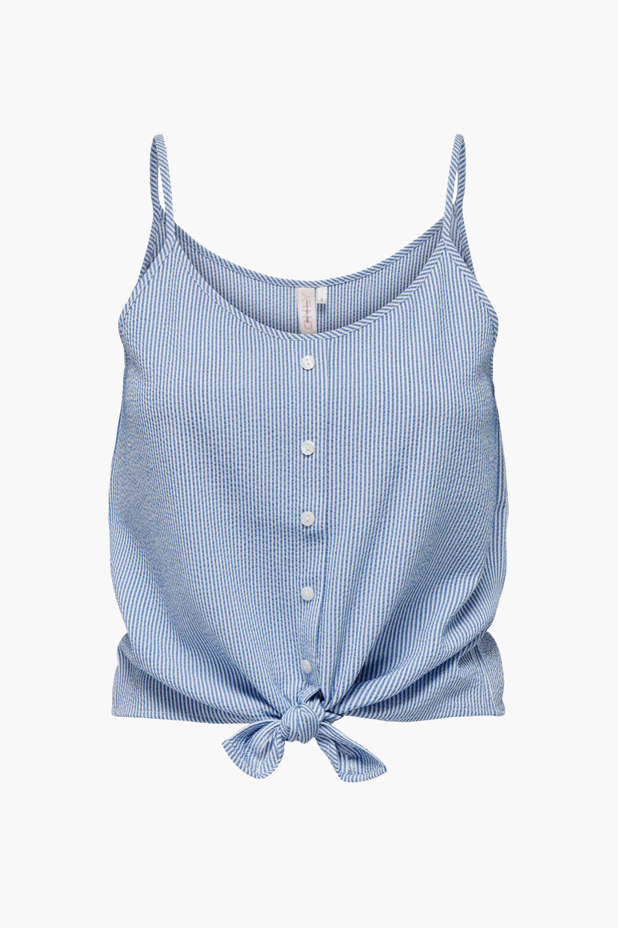 Chemisier bleu à rayures by ONLY, avec bretelles fines et un nœud décoratif sur le devant.
