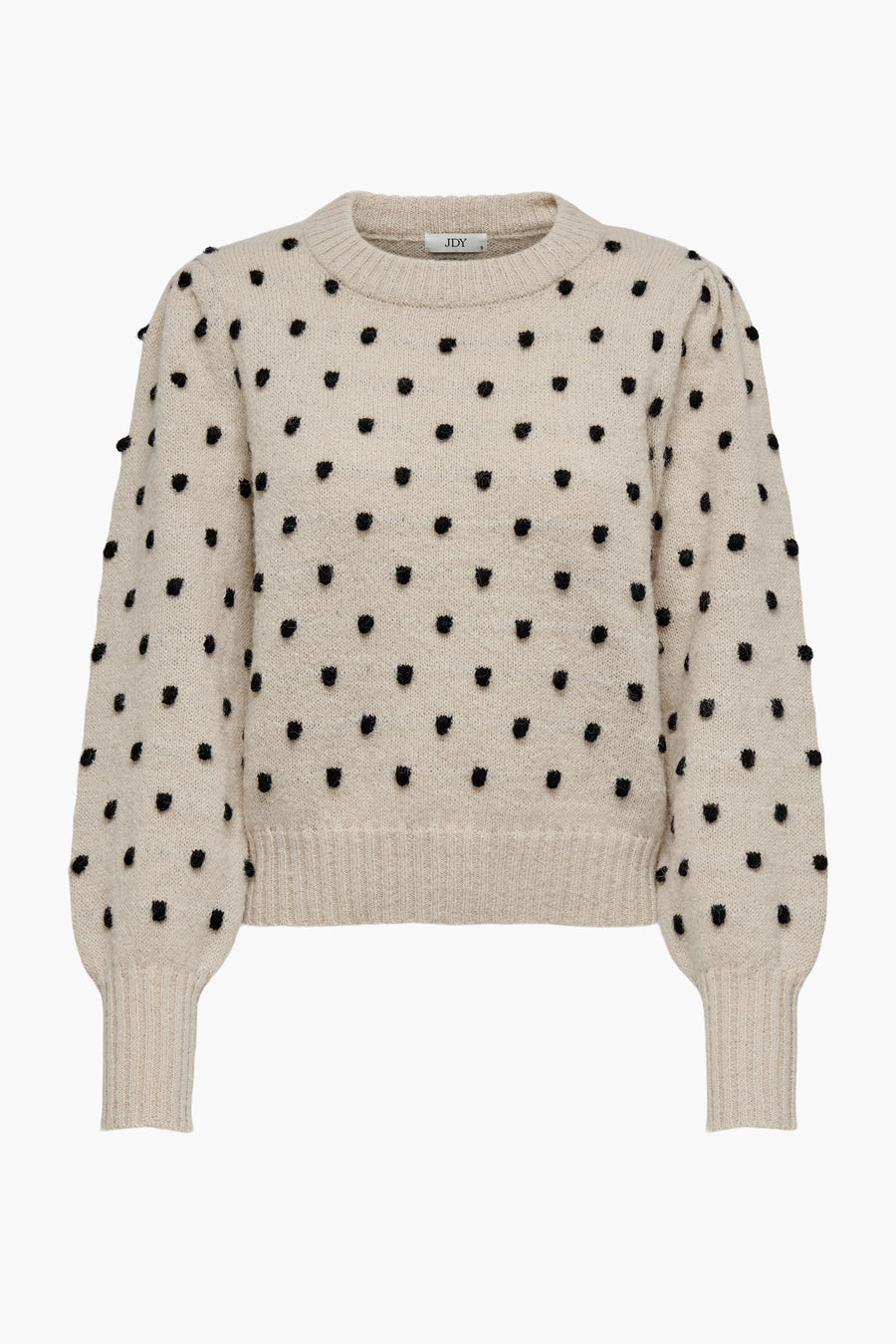 Ronde mouw in ongebleekte tricots van JDY, versierd met oprijlende zwarte stippen over het gehele stuk.