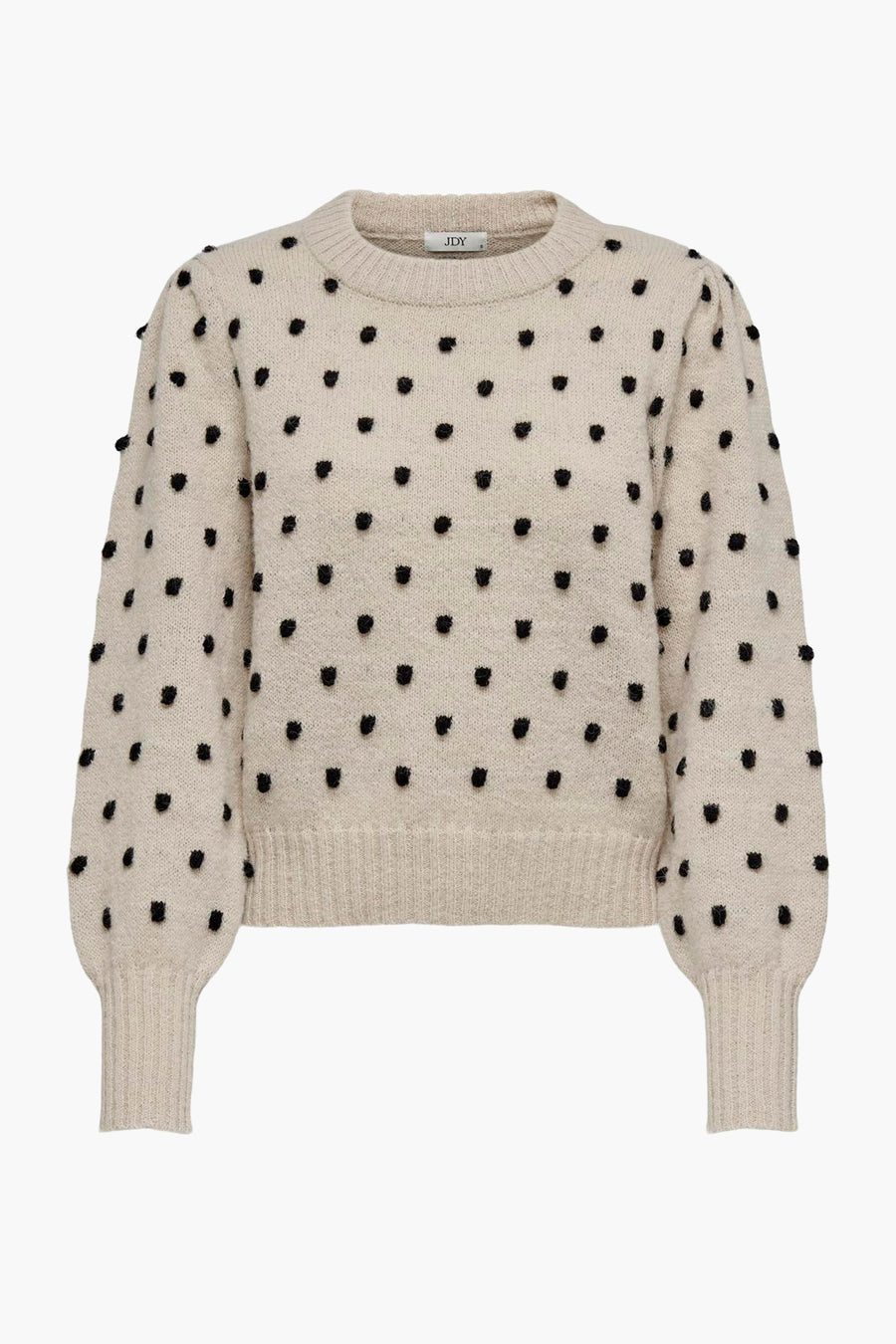 Ronde nek pull van JDY, met zwarte gepluimde stippen, puff sleeves mouwen en korte pas.