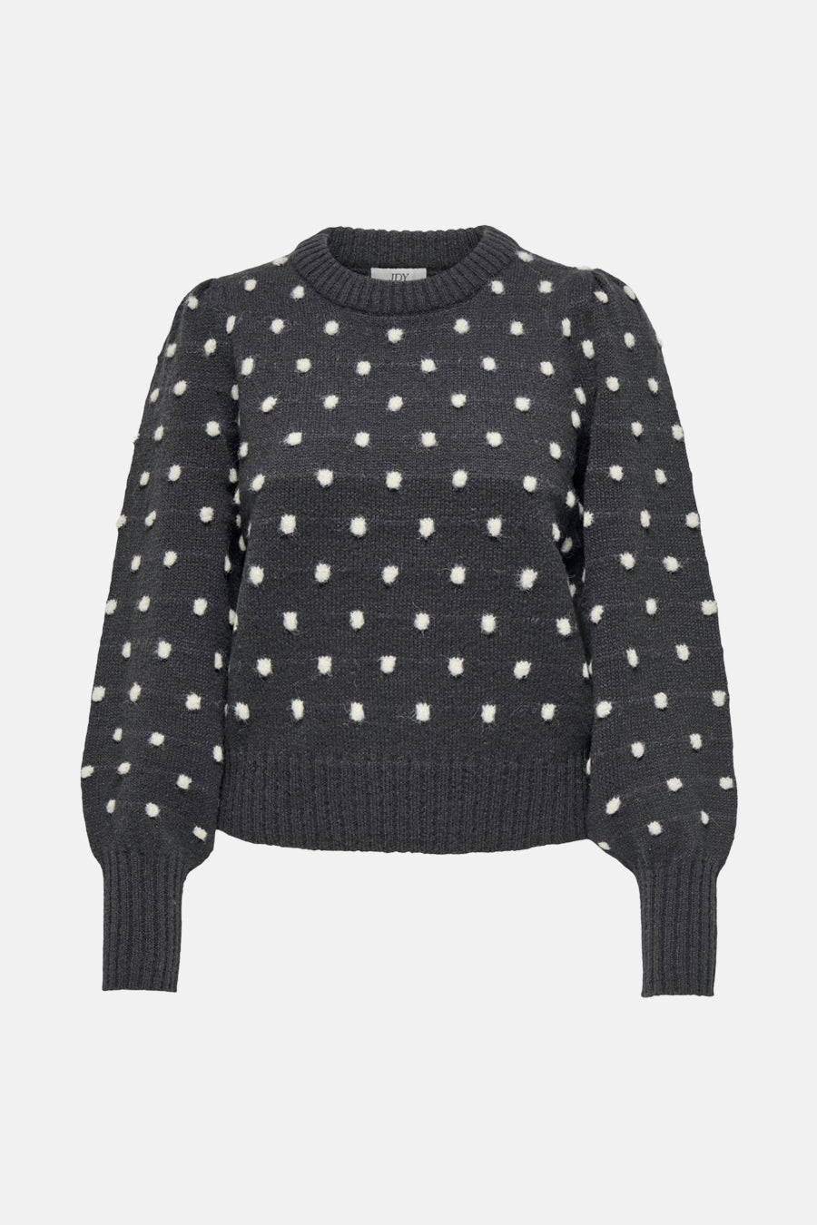 Grijze ronde nek pull van JDY, met opgeborrelde witte stippen.