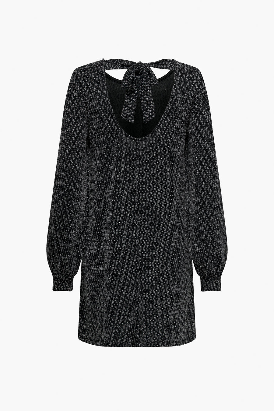 Robe noire à manches longues de ONLY, avec un motif géométrique et un nœud décoratif au dos.