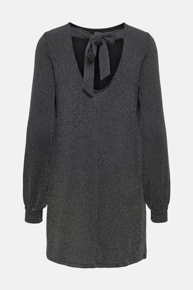 Zwarte jurk met lange mouwen van ONLY®, met een decoratieve strik aan de achterkant en een fijn gestreept patroon.