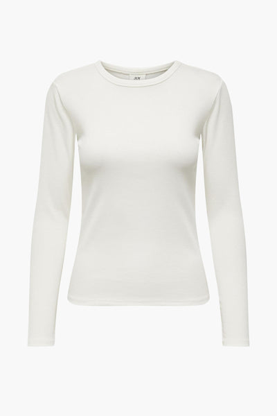 JDY wit T-shirt met lange mouwen, fijne ribgebreid, aansluitende pasvorm.