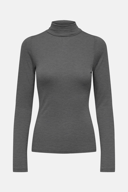Grijze T-shirt met lange mouwen van JDY, van gemêleerd tricot, met opstaande kraag.