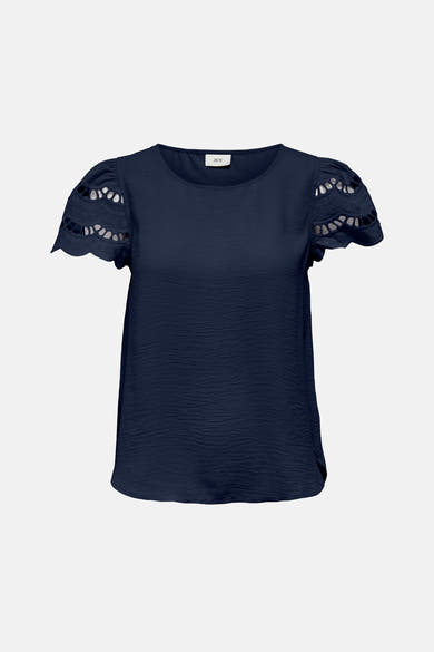 T-shirt bleu à manches courtes de JDY, avec manches ajourées festonnées.
