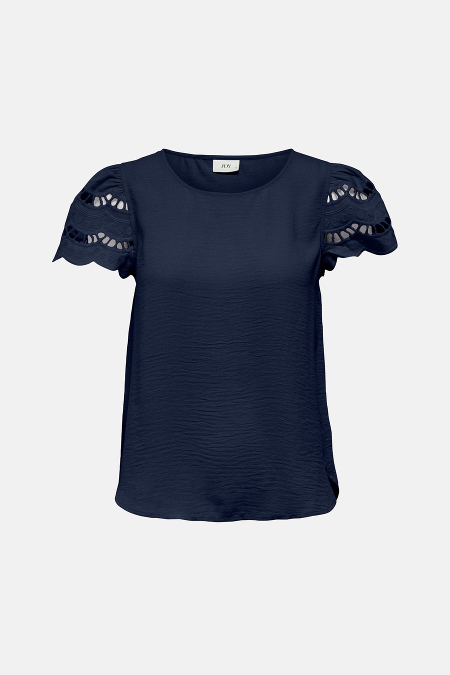 T-shirt bleu à manches courtes de JDY, avec manches ajourées festonnées.
