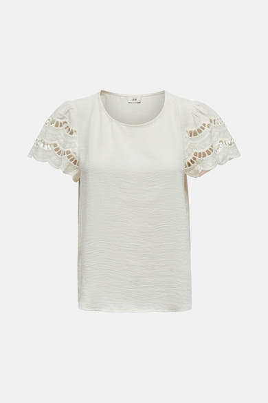 Ecru T-shirt met korte mouwen van JDY, met ajourdetails en pofmouwen.