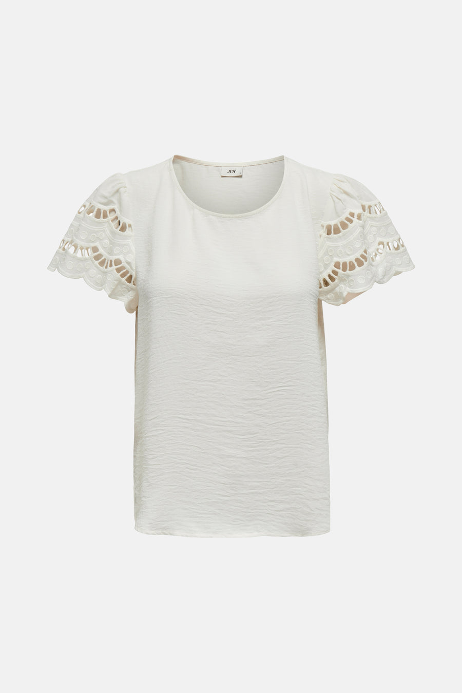 Ecru T-shirt met korte mouwen van JDY, met ajourdetails en pofmouwen.