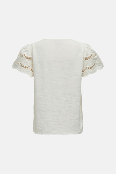 Ecru T-shirt met korte mouwen van JDY, kanten mouwen met geschulpte details, textuurstof.