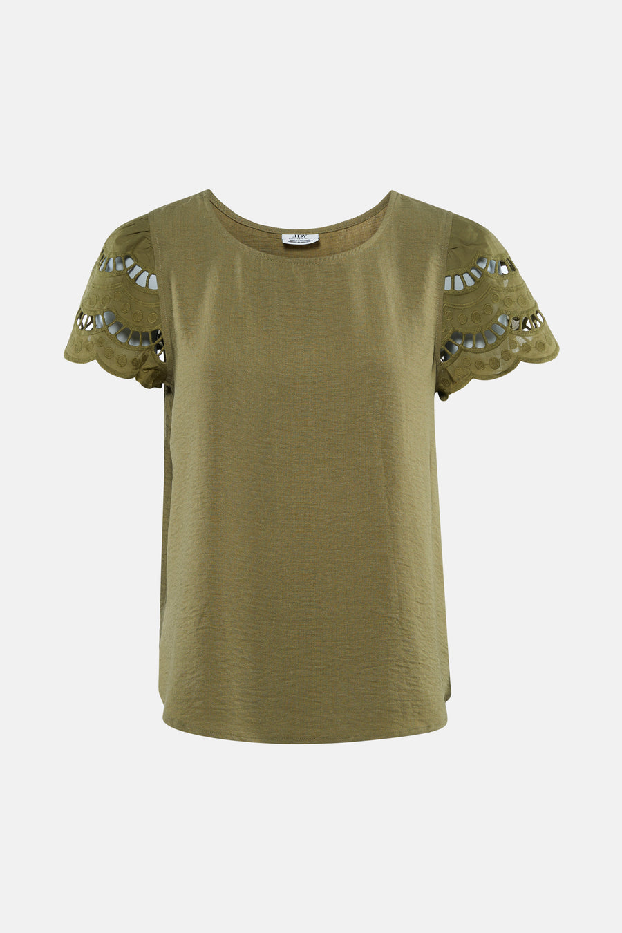 T-shirt vert à manches courtes de JDY avec des manches bouffantes en broderie anglaise et un ourlet festonné.