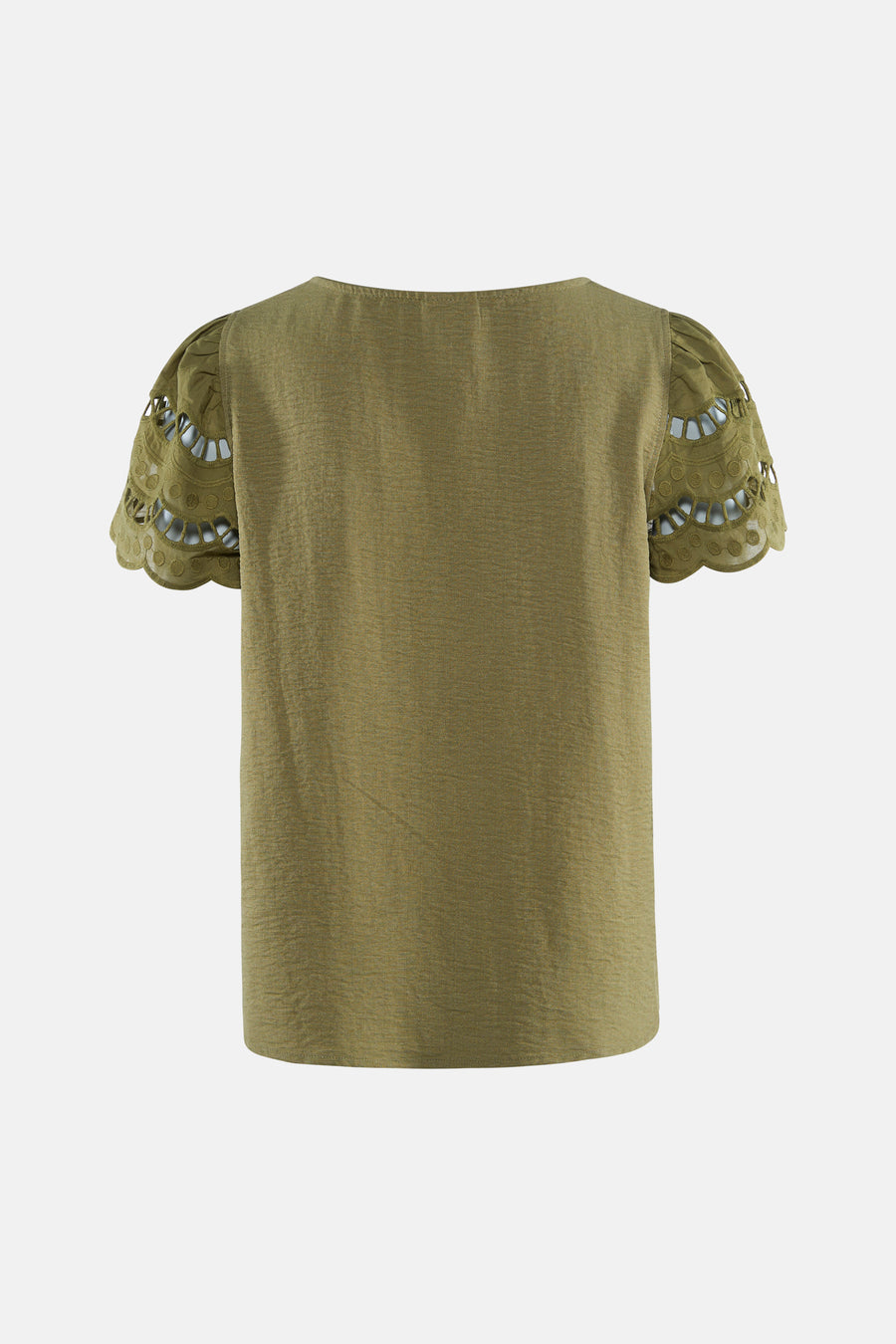 T-shirt vert texturé à manches courtes de JDY, vue de dos, avec manches bouffantes en broderie anglaise festonnée.