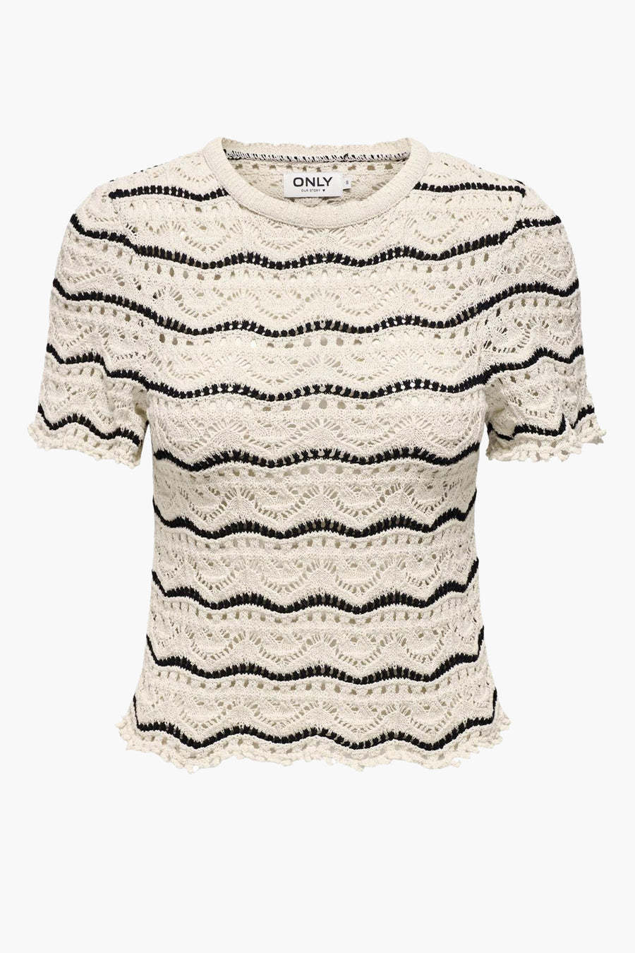 T-shirt écru à rayures noires par ONLY, en maille ajourée à manches courtes.