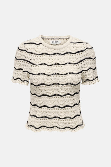 T-shirt écru à rayures, de ONLY, en maille crochetée avec des détails ajourés.
