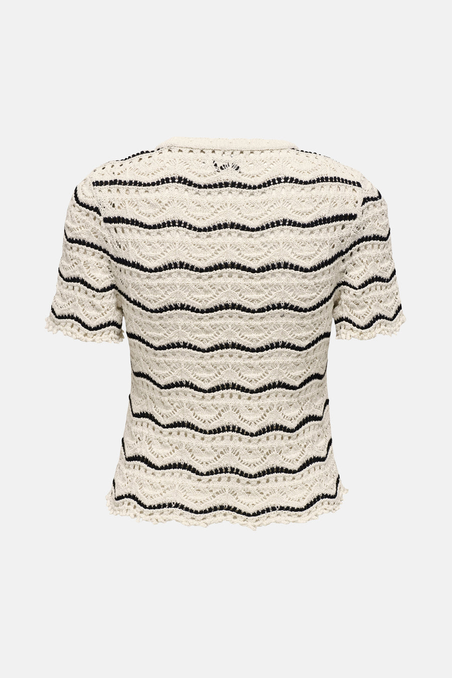 T-shirt écru à rayures noires, de ONLY, en maille ajourée à motif vague, vue de dos.

