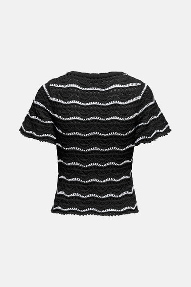 T-shirt noir à manches courtes par ONLY, en tricot ajouré à rayures horizontales.